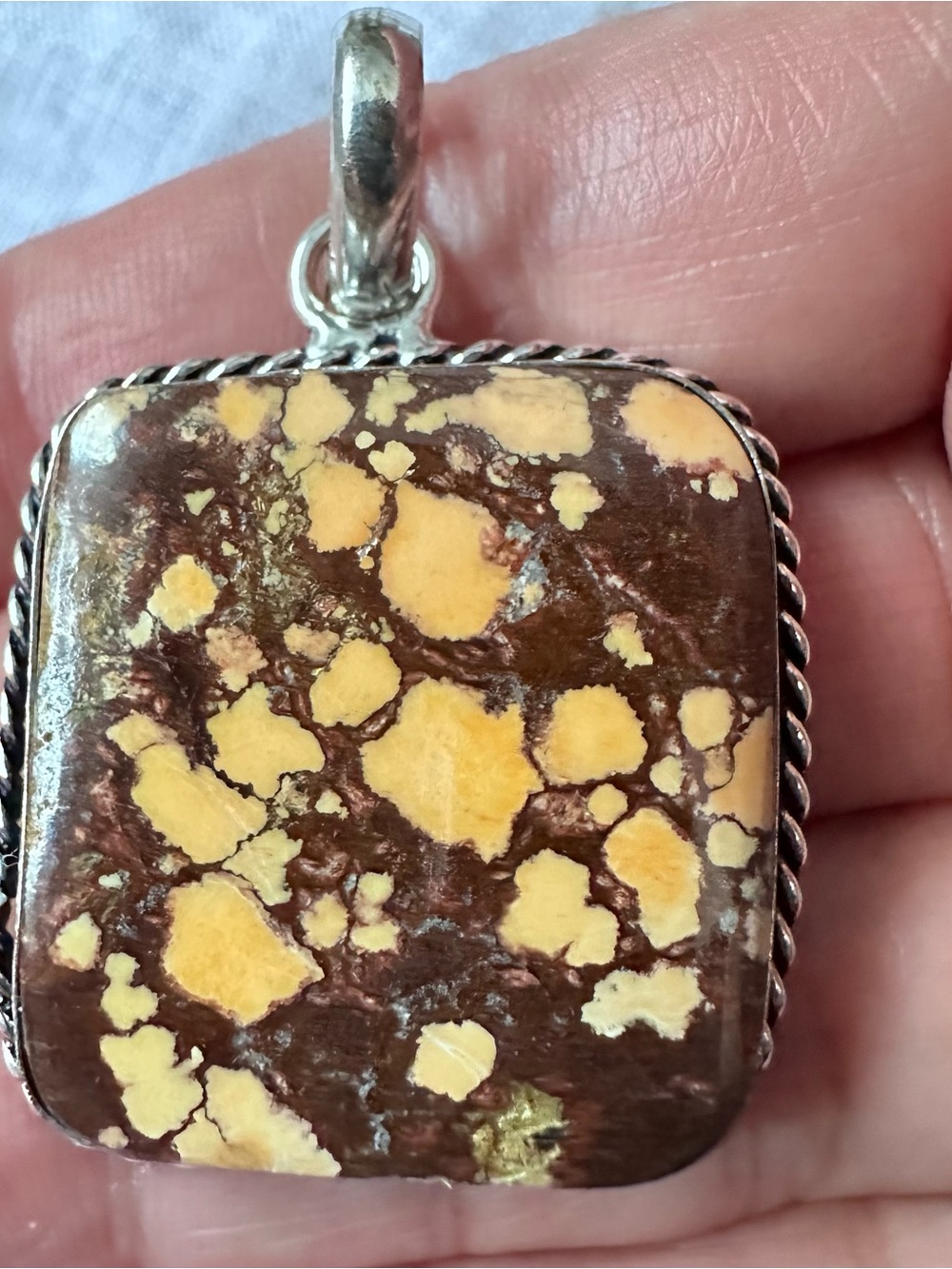 Artisan Handcrafted Yellow and Brown BracciatedJasper Rectangle Pendant Necklace